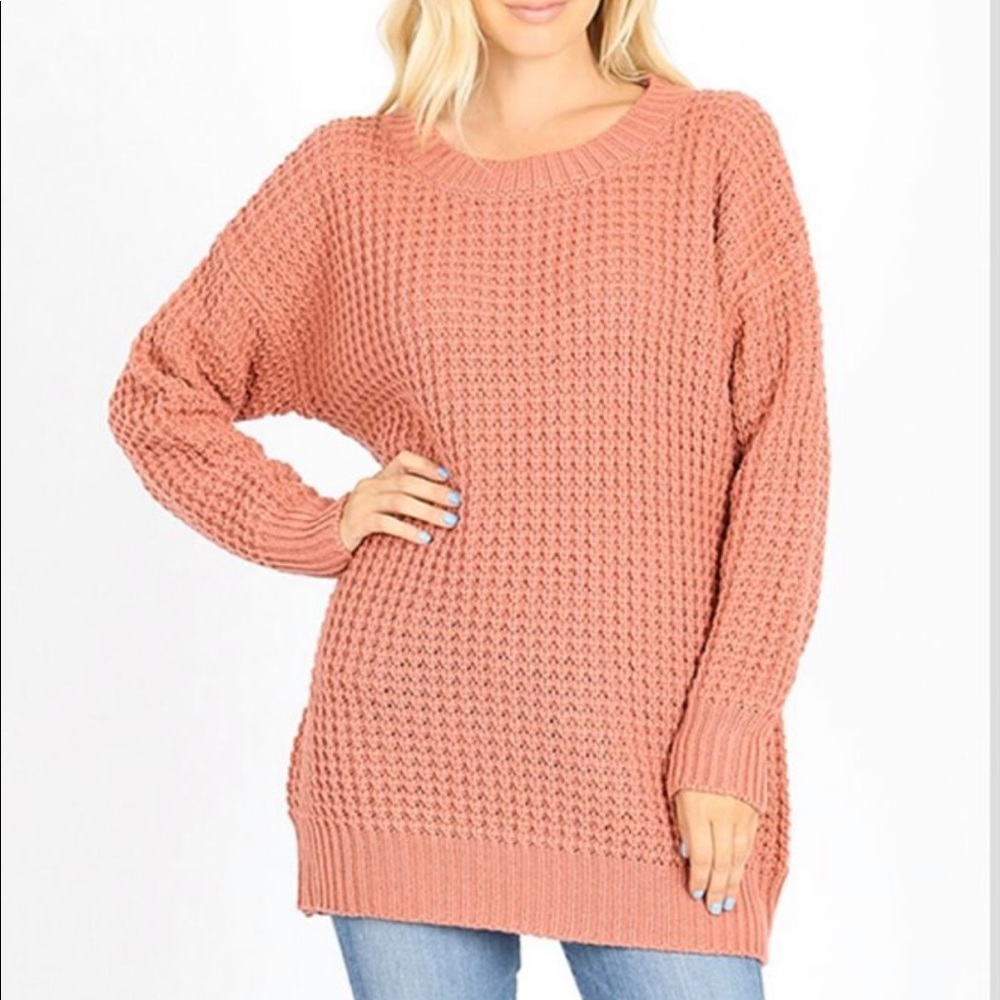 NWT Zenana premium waffle chunky knit Oversized boxy sweater tunic dusty rose